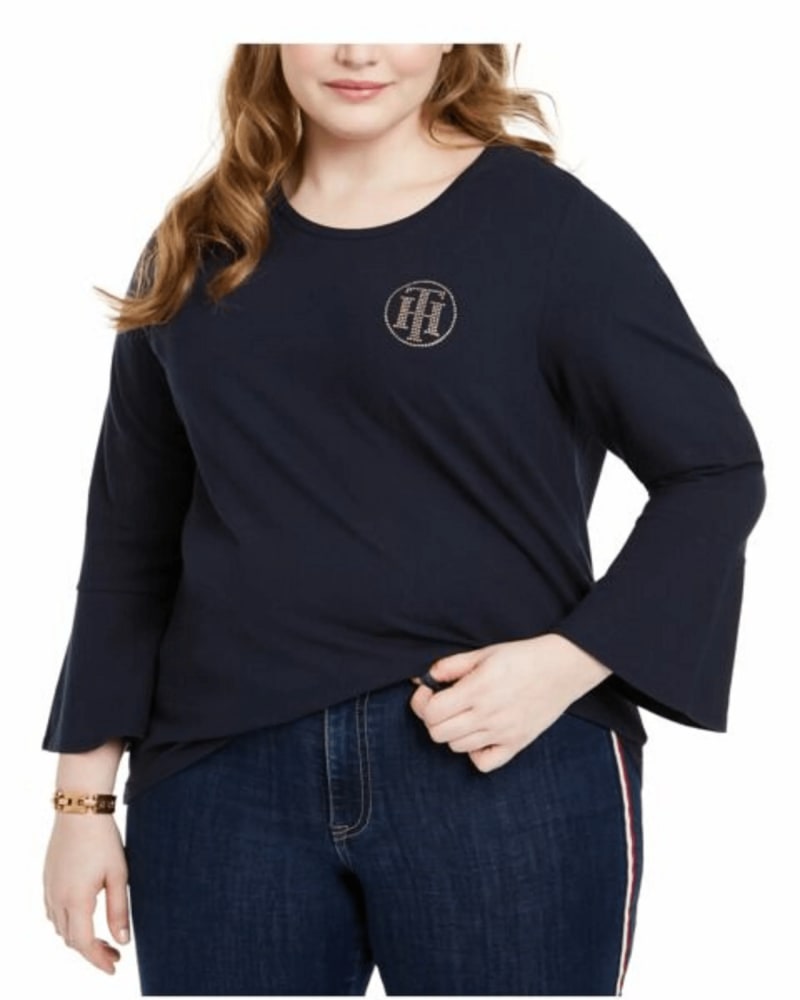 Front of a model wearing a size 1X Tommy Hilfiger Women's Plus Size Embellished Bell-Sleeve Top Blue Size 1X in Blue by Tommy Hilfiger. | dia_product_style_image_id:311660